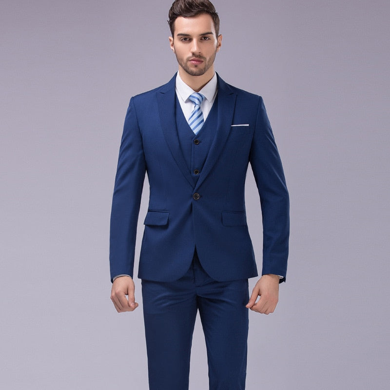 Luxury 3 Piece Men's Wedding Suit Fashion Men's Slim Solid Color Business Office Suit Sets Large Size Men Blazer+ Pants + Vest
